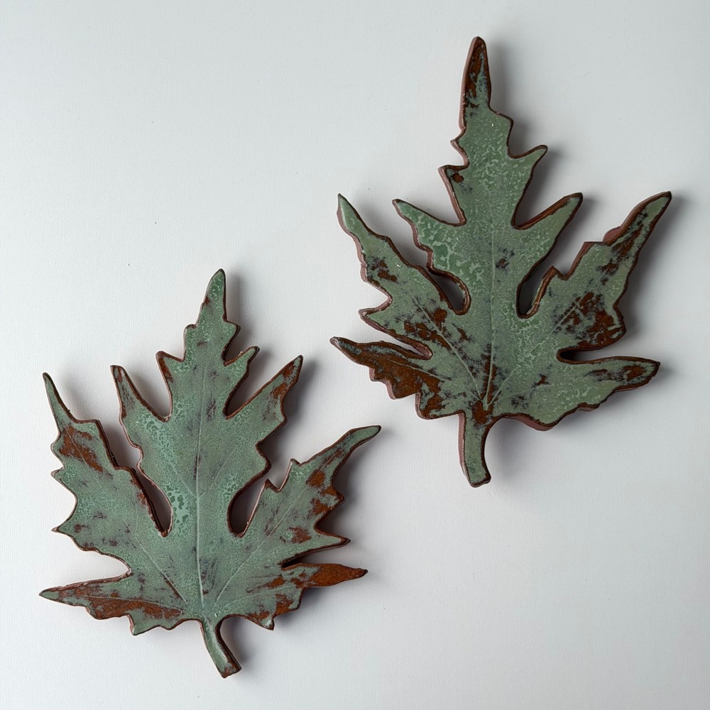 Handmade Ceramic Leaf Trivet Set 2 Green Terracotta Rustic Glazed Pottery
